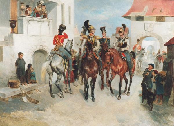 Эпизод из Заграничных походов 1813-1814. Офицеры гвардейской кавалерии в европейском городе.